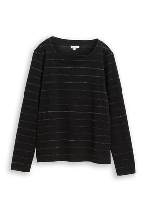 Czarna bluzka z długim rękawem z poziomymi srebrnymi paskami. Posiada okrągły dekolt i miękki, teksturowany materiał. Prosty fason.