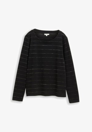 Zwarte top met lange mouwen en horizontale zilveren strepen. Voorzien van een ronde halslijn en een zachte, getextureerde stof. Recht gesneden ontwerp.