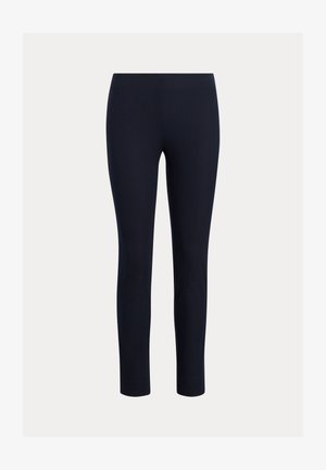 Navy blue leggings, made of stretchy material, fitted design, ankle-length cut, smooth texture without visible seams or patterns.