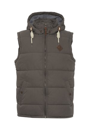 Polstret ærmeløs vest i mørkegrå med hætte. Har en frontlynlås, to sidelommer og snoretræk. Accentueret med et logo patch.