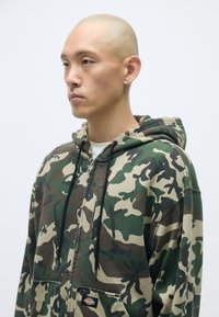 Kamikaze kapuce ar zaļiem, brūniem un melniem rakstiem, ar rāvējslēdzēju un regulējamām auklām. Audums izskatās mīksts, ar divām priekšējām kabatām.