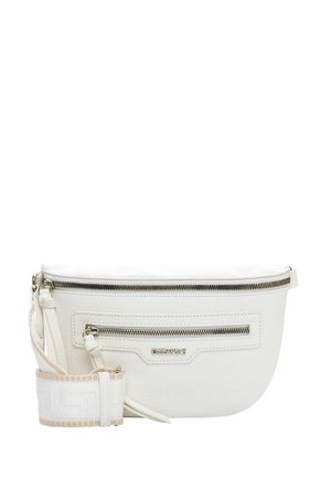 Witte, gestructureerde leren heuptas met twee zilveren ritsen en een beige-witte verstelbare stoffen riem.