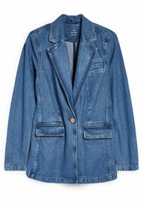 Džínové sako ve středně modré barvě, má zapínání na jeden knoflík, klopy s výřezem, dvě přední kapsy a pohodlný střih. Klasická džínová struktura.