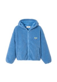 Blauwe fleece hoodie met een ritssluiting aan de voorkant, een gestructureerde buitenkant en twee zijzakken. Heeft een contrasterende blauwe bies en een klein logo-opdruk.