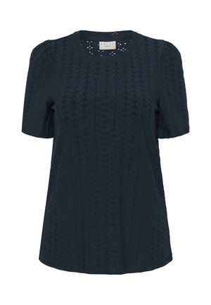 Blouse bleu marine à manches courtes avec encolure ronde et délicat motif en dentelle ajourée sur tout le tissu.