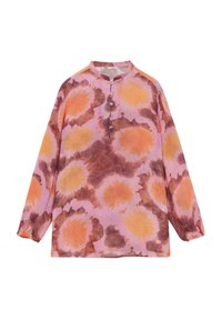 Long-sleeve blouse in pink with large orange and brown floral patterns, featuring a grandad collar and button placket at the neckline.