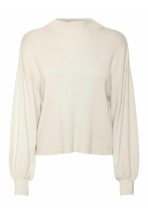 Off-white, skrajšan pulover z rebrasto teksturo, dolgimi puhovimi rokavi in visokim ovratnikom. Mehka tkanina z sproščenim krojem.