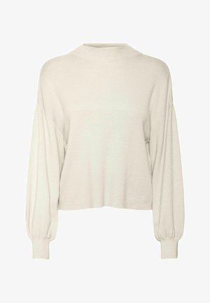 Bēškrāsas, īsa džemperis ar ribota raksta tekstūru, garām puff piedurknēm un augstu apkakli. Mīksta auduma, brīva piegriezuma.