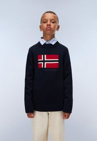 Pull marin avec un drapeau norvégien en tricot sur le devant. Il présente un col rond et des poignets côtelés, associé à une chemise à col rayée bleu clair.