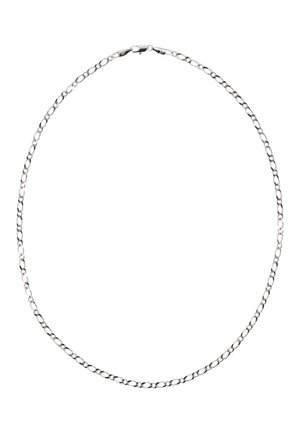 Naszyjnik łańcuchowy Figaro ze srebra, z owalnymi i spłaszczonymi ogniwami, zapinany na mały zapięcie typu lobster, prezentowany na białym tle.