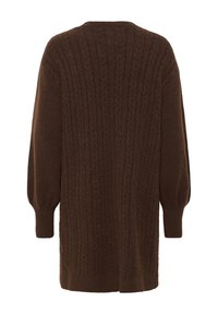 Brauner Strickpullover mit Kabelmustern, langen Ballonärmeln und einem lässigen Rückendesign. Hergestellt aus weichem, strukturiertem Material.