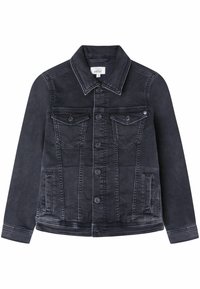 Black denim jacket featuring a classic collar, front button closure, two chest pockets, and side pockets, with a faded texture and stitching details.