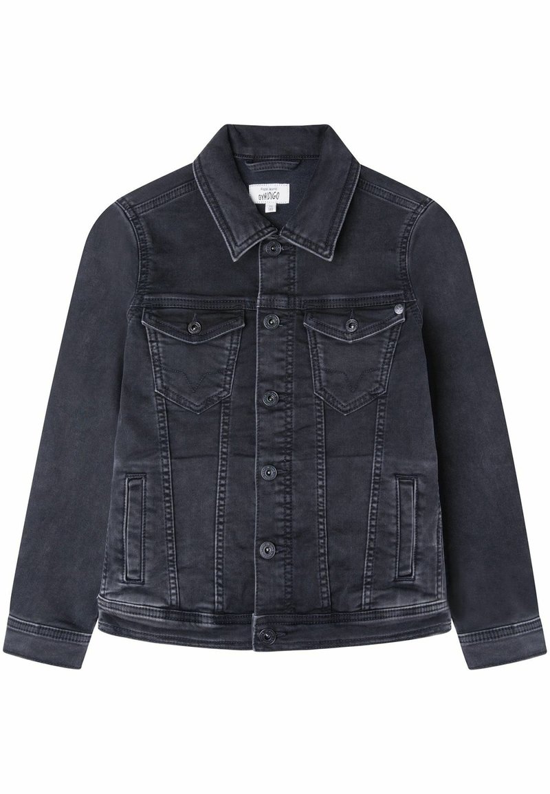 Black denim jacket featuring a classic collar, front button closure, two chest pockets, and side pockets, with a faded texture and stitching details.