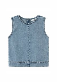 Top senza maniche in denim blu con scollatura rotonda, taglio dritto e dettagli di cucitura visibili lungo i bordi e le cuciture.