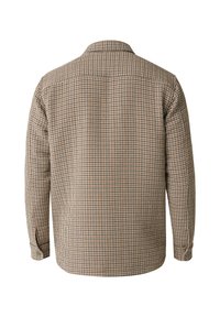 Chemise à manches longues boutonnée avec un petit motif à carreaux marron, beige et noir vue de dos.