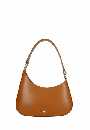 Borsa in pelle marrone con silhouette curva, manico corto e dettaglio del logo sul davanti. Texture liscia con design minimalista.