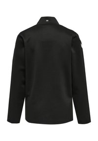 Zwarte longsleeve-shirt met een gladde textuur, geklede ontwerp en witte accentdetails op de schouders. Achteraanzicht weergegeven.