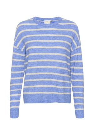 Lysblå sweater lavet af blødt materiale, med horisontale cremede striber, rund halsudskæring og løs pasform med sænkede skuldre.