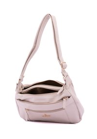 Borsa a spalla in pelle beige con una sola tracolla regolabile, molteplici scomparti e dettagli in metallo dorato. Texture liscia e chiusure a zip.