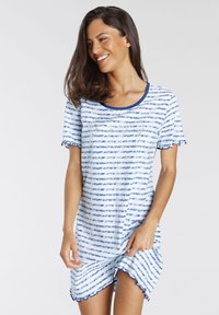Light blue nightdress with horizontal navy stripes, short sleeves, a rounded neckline, and scalloped edges at the sleeves and hem.