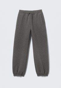 Graue Sweatpants aus weichem Material, mit einem Kordelzugbund, elastischen Bündchen und Seitentaschen. Gerades Bein.