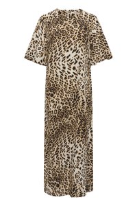 Haljina do koljena s leopard printom, kratkim rukavima i od mekog materijala. Ima opušteni kroj i suptilni V-izrez.