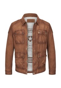 Braune Lederjacke mit einem Reißverschluss vorne, gepolsterten Taschen und einer taillierten Passform. Verfügt über einen dezenten Glanz und eine strukturierte Oberfläche.