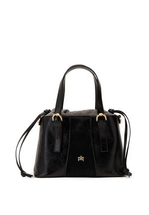 Sac à main en cuir noir avec deux poignées supérieures, détails de boucle dorée, côtés à cordon de serrage et poche intérieure en tissu visible en haut.