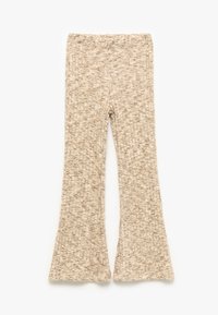 Beige, ausgestellte Strickhose mit strukturiertem Muster. Elastischer Bund und eine lässige Passform an den Beinen, die sich zum Fuß hin verjüngt.