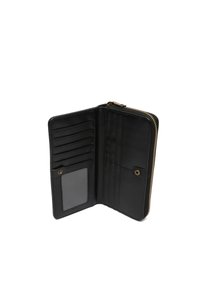 Black leather wallet with a zip closure, multiple card slots, a clear ID pocket, and a button snap detail, featuring smooth texture.