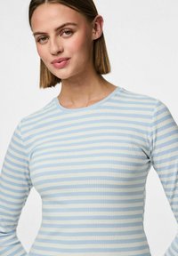 Ljusblå långärmad topp med horisontella ränder, ribbad textur och rund halsringning. Åtsittande design som framhäver bysten och midjan.