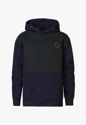 Felpa blu navy con una sezione superiore a motivo, sezione inferiore unita, cappuccio con cordino e dettaglio del logo sul petto. Tessuto morbido.