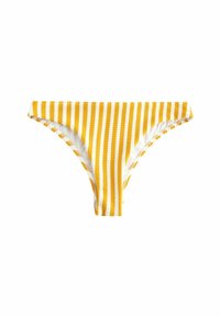 Bikini hlačke v rumeno-belem črtastem vzorcu, narejene iz strukturiranega materiala. Imajo nizko rez in valovite robove ter gladko notranje podlogo.