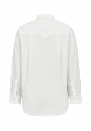 Valge pikakäpige särk terava kraega, nööbitud cuffs, seljaõmbluse detail ja kaarjas alumine äär. Valmistatud siledast kangast.