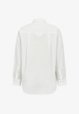 Valge pikakäpige särk terava kraega, nööbitud cuffs, seljaõmbluse detail ja kaarjas alumine äär. Valmistatud siledast kangast.