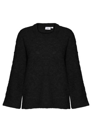Fekete pulóver kerek nyakkivágással, hosszú ujakkal és texturált anyagból készült. Oldalsó hasítékokkal és laza szabással rendelkezik, ami kényelmes viseletet biztosít.