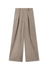 Pantaloni beige a gamba larga realizzati in tessuto testurizzato con pieghe in vita per un dettaglio in più. Presentano una linea dritta e nessun accessorio visibile.