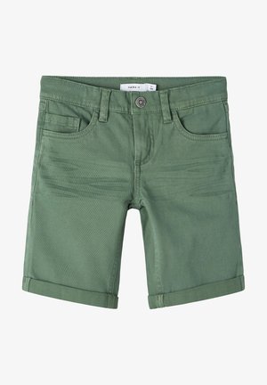 Grønne afslappede bomuldsshorts med knaplukning, bæltestropper, forlommer og opsmøgede kanter.