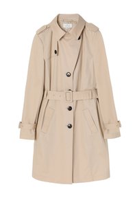 Trench-coat beige longueur genou avec col, boutons noirs sur le devant, ceinture à la taille, et sangles réglables aux poignets sur fond blanc.