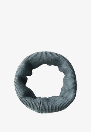 Rundgestrickter Schal aus weichem, strukturiertem Stoff. Die Farbe ist gedämpftes Teal und hat ein geripptes Design. In der Mitte offen für einfaches Tragen.