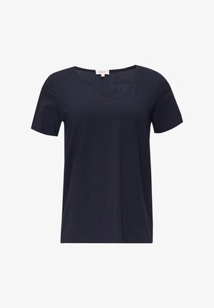 Jūras zila īsām piedurknēm T-krekls ar V veida kakla izgriezumu, izgatavots no gludas auduma. Vienkāršs dizains, taisns griezums un šūta apakšmalas apdare.