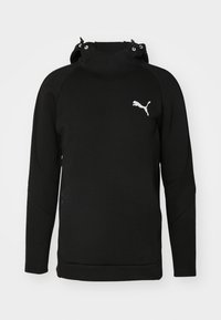 Sudadera negra con cuello alto y capucha ajustable, que presenta un logo blanco de Puma en el pecho y paneles laterales texturizados.