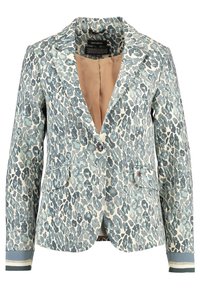 Blazer met luipaardprint in lichtblauw en crème, voorzien van ingesneden revers, knoopsluiting, twee voorzakken en gestreepte accenten op de manchetten.