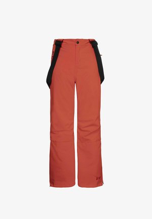 Pantalons de neige rouges avec des bretelles noires ajustables, une fermeture à pression et un design à coupe décontractée. Fabriqués en matériau imperméable avec un détail de logo.