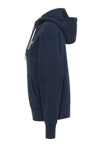 Felpa blu navy in cotone misto, dotata di tasca a marsupio, cappuccio con cordino e polsini a costine. Design semplice, senza stampe o accenti.