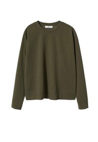 Oliivivihreä puuvillapaita, pyöreä kaulus, pitkät hihat, rento malli, ribbaustaidot hihansuissa ja helmassa, sileä rakenne, minimalistinen muotoilu.