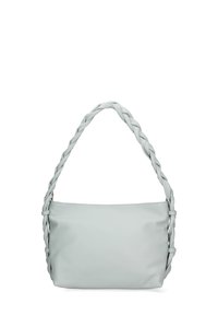 Borsa a tracolla in pelle azzurro chiaro con manico intrecciato, forma strutturata e texture liscia, dotata di chiusura con zip e decorazioni minime.