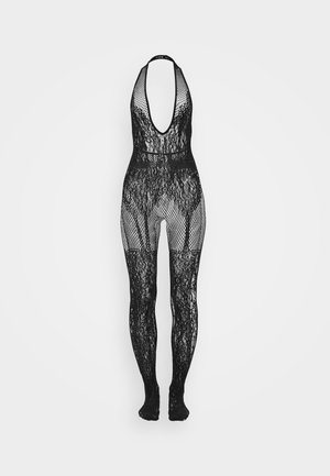 Zwart kanten bodysuit met een diepe V-hals, halternek ontwerp, visnetpatroon en lange benen, wat een doorschijnend, gestructureerd effect creëert.