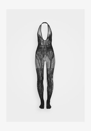 Bodysuit en dentelle noire avec un décolleté en V profond, un design à col halter, un motif en filet et des jambes longues, créant un effet transparent et texturé.