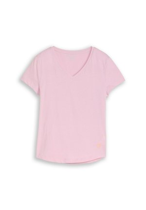 Light pink short-sleeve V-neck women's T-shirt with a small orange logo near the bottom hem on a white background.